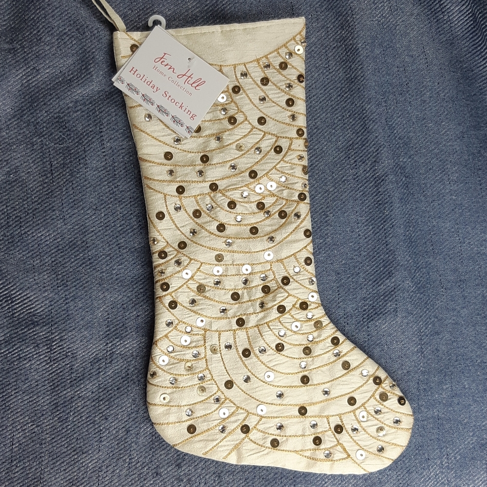 FERN HILL Christmas Stocking beige gold sequins